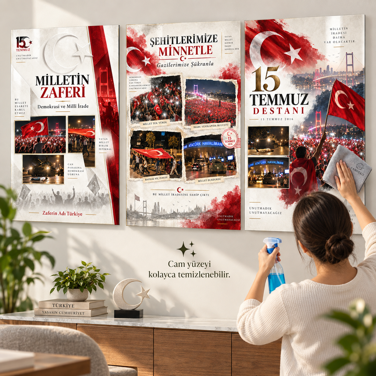 15 Temmuz Destanı üçlü dikey cam tablo setinde ön cam yüzeyinin sprey ve bezle temizlenmesini gösteren uygulama