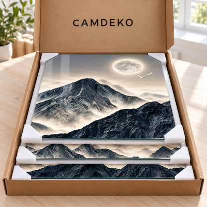 CAMDEKO Dolunay ve Sisli Dağlar Üçlü Cam Tablo — Koruyucu CAMDEKO paketleme