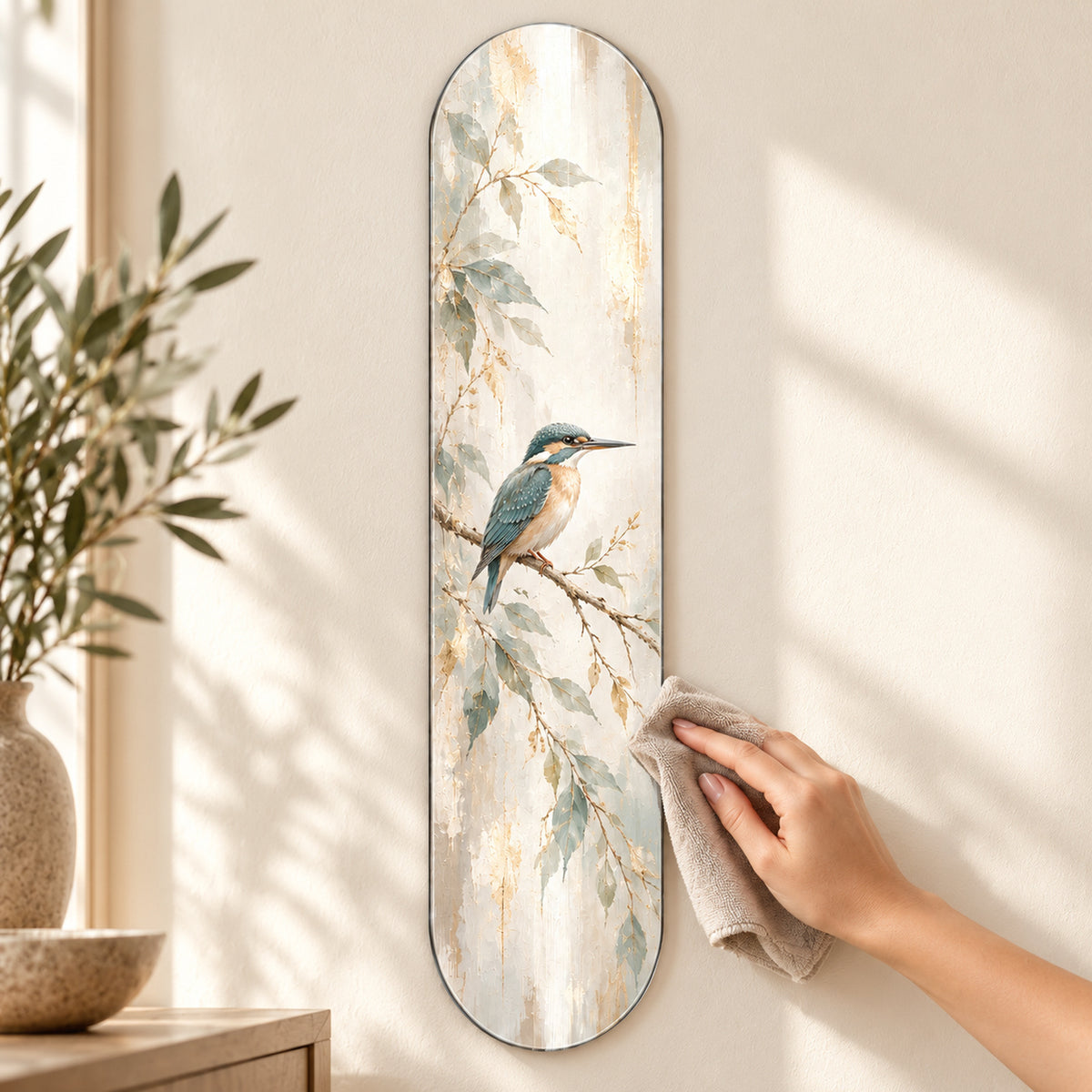 Pastel Yalıçapkını Dikey Kaykay Cam Tablo — Mikrofiber bezle cam yüzey temizliği