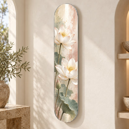 Lotus Bahçesi Dikey Kaykay Cam Tablo — Yüzer montaj ve duvar mesafesi