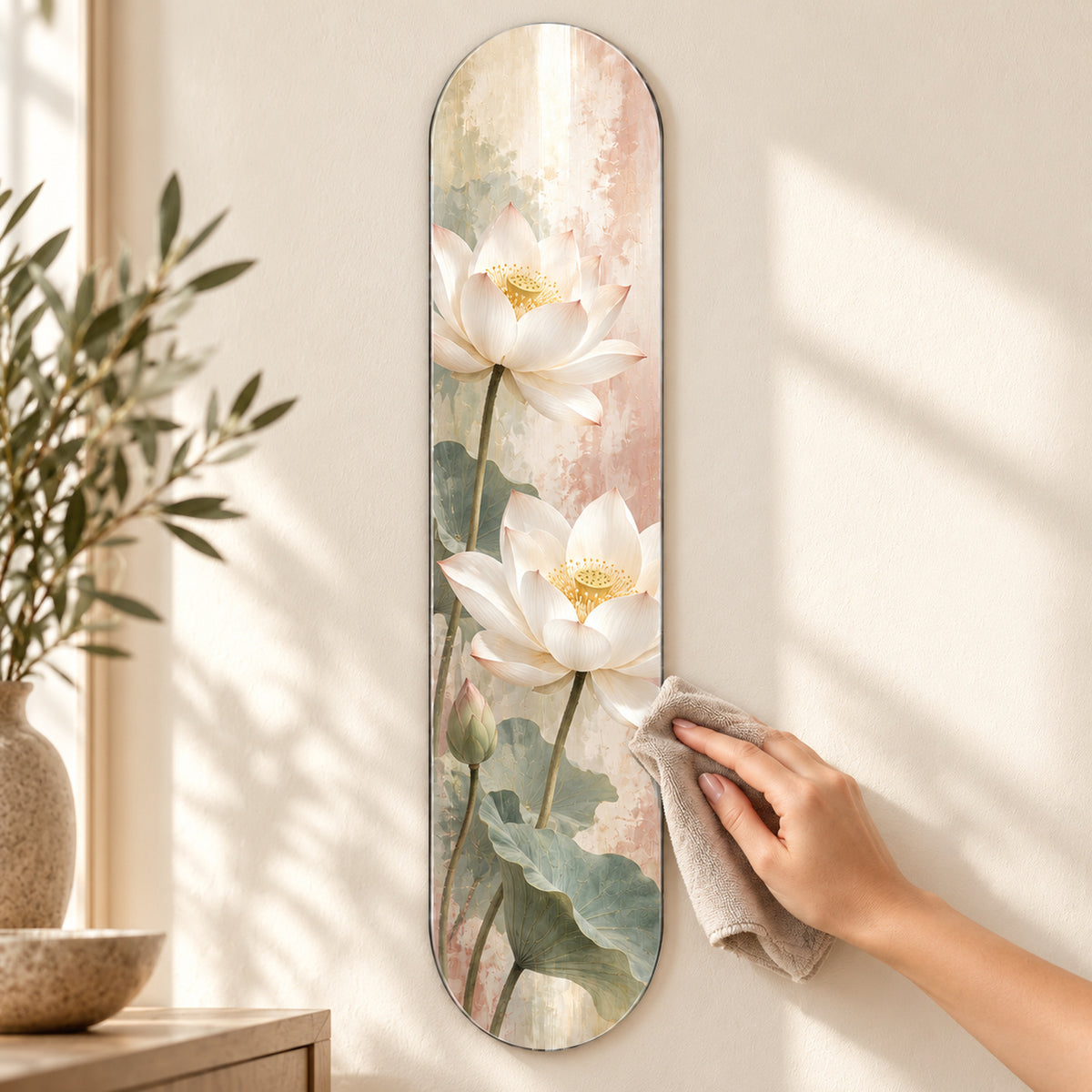 Lotus Bahçesi Dikey Kaykay Cam Tablo — Mikrofiber bezle cam yüzey temizliği