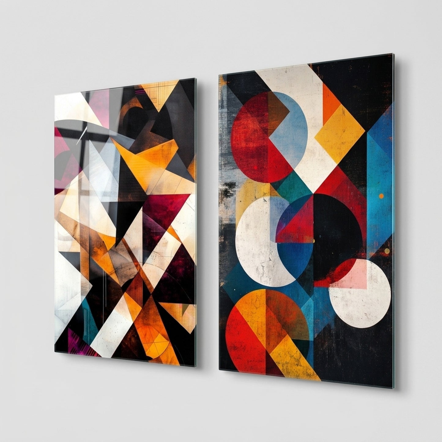 Modern Renkli Geometrik Soyut İkili Set Dikey 2'li Set Cam Tablo