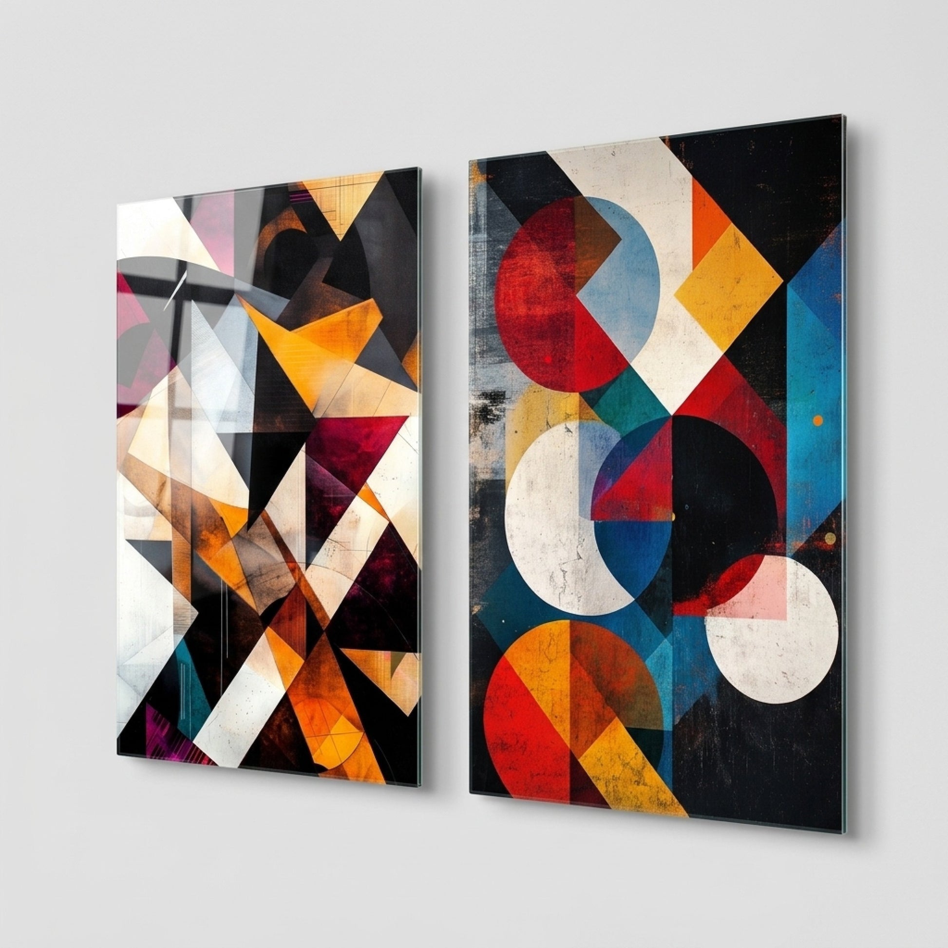 Modern Renkli Geometrik Soyut İkili Set Dikey 2'li Set Cam Tablo