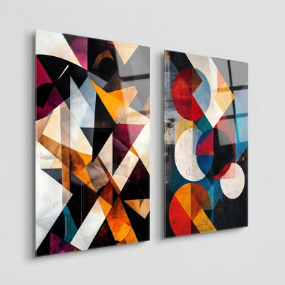 Modern Renkli Geometrik Soyut İkili Set Dikey 2'li Set Cam Tablo