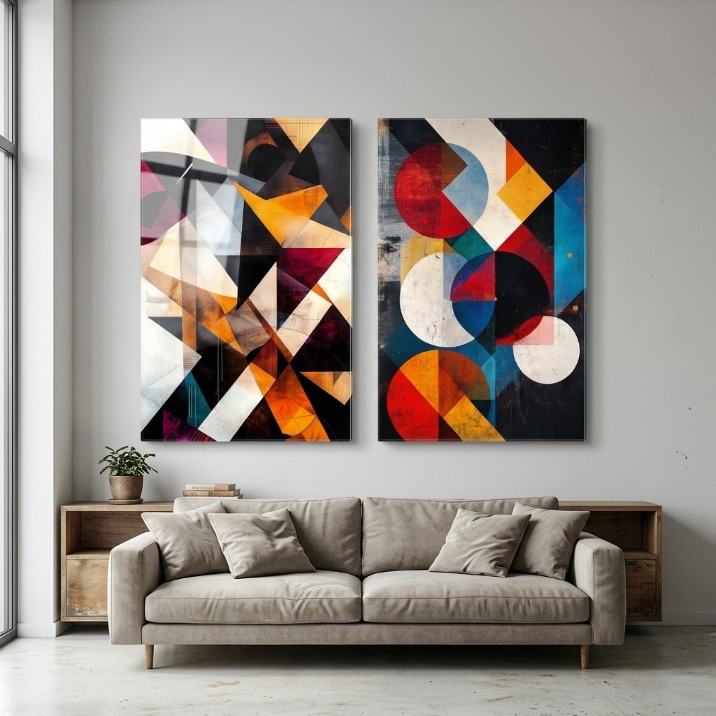 Modern Renkli Geometrik Soyut İkili Set Dikey 2'li Set Cam Tablo