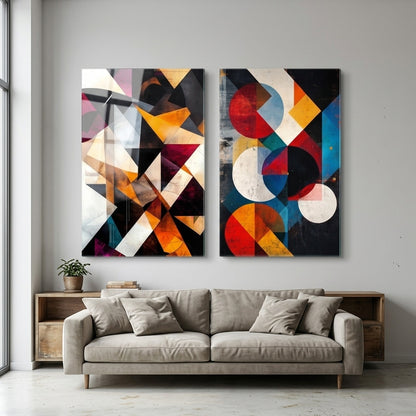 Modern Renkli Geometrik Soyut İkili Set Dikey 2'li Set Cam Tablo