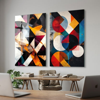 Modern Renkli Geometrik Soyut İkili Set Dikey 2'li Set Cam Tablo