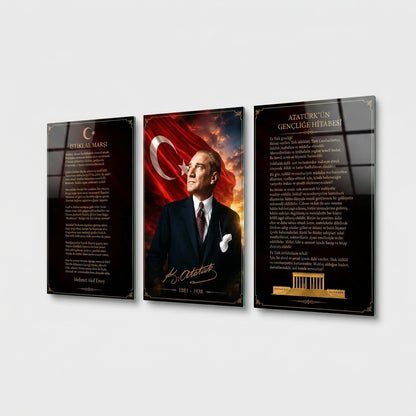 Atatürk İstiklal Marşı Hitabe Seti Dikey 3'lü Set Cam Tablo