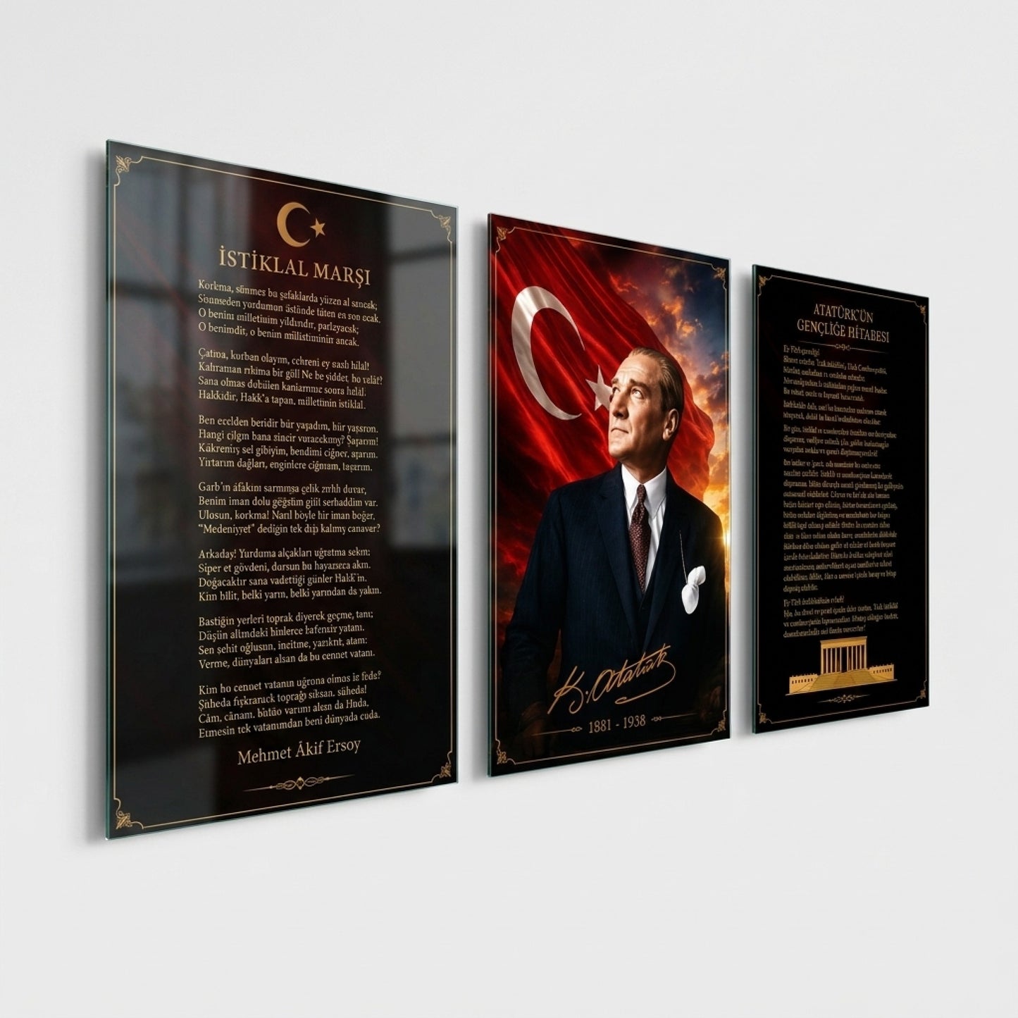 Atatürk İstiklal Marşı Hitabe Seti Dikey 3'lü Set Cam Tablo