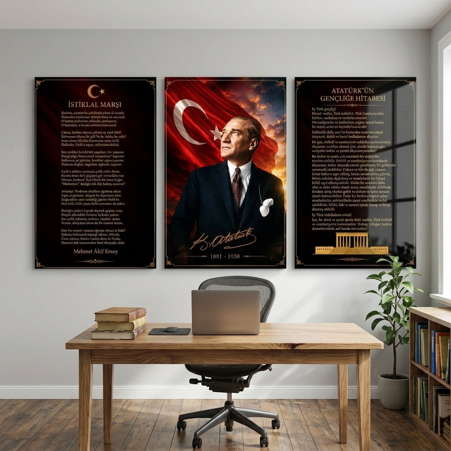 Atatürk İstiklal Marşı Hitabe Seti Dikey 3'lü Set Cam Tablo