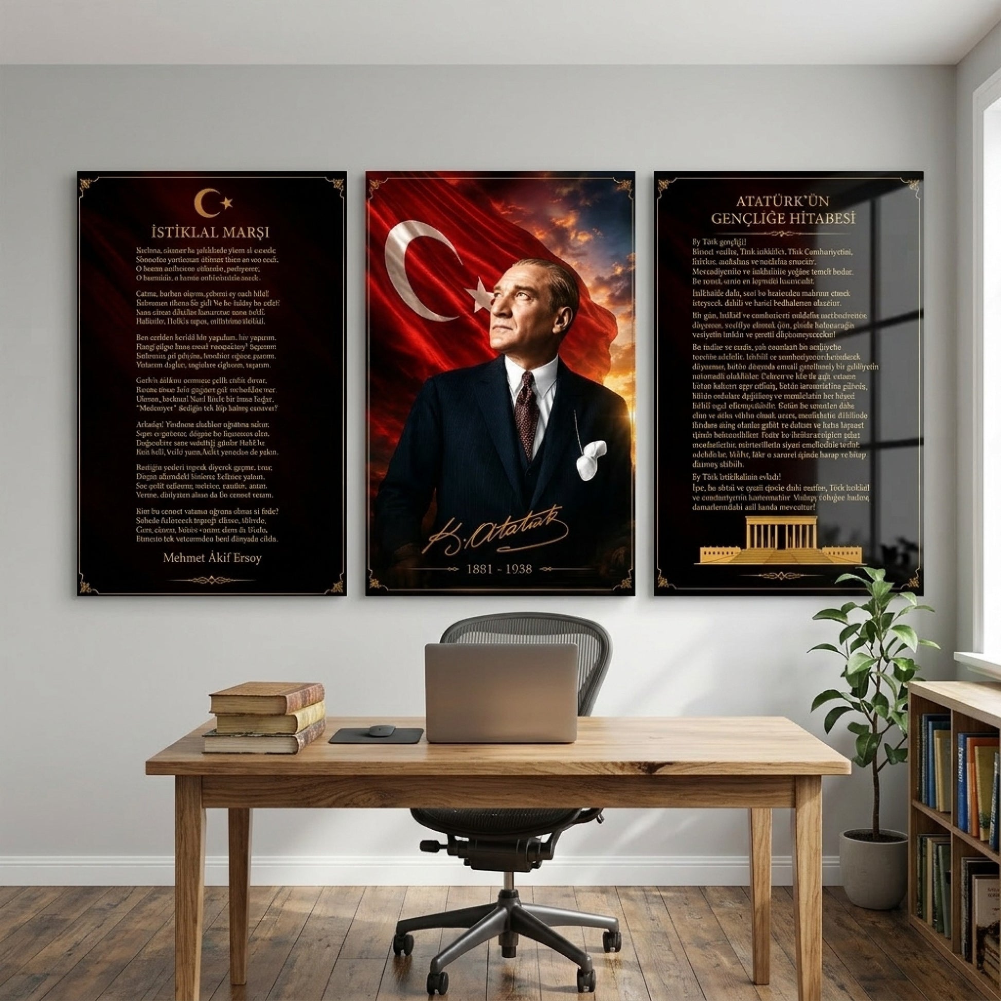 Atatürk İstiklal Marşı Hitabe Seti Dikey 3'lü Set Cam Tablo