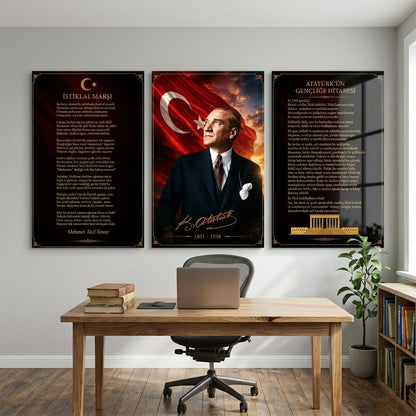 Atatürk İstiklal Marşı Hitabe Seti Dikey 3'lü Set Cam Tablo