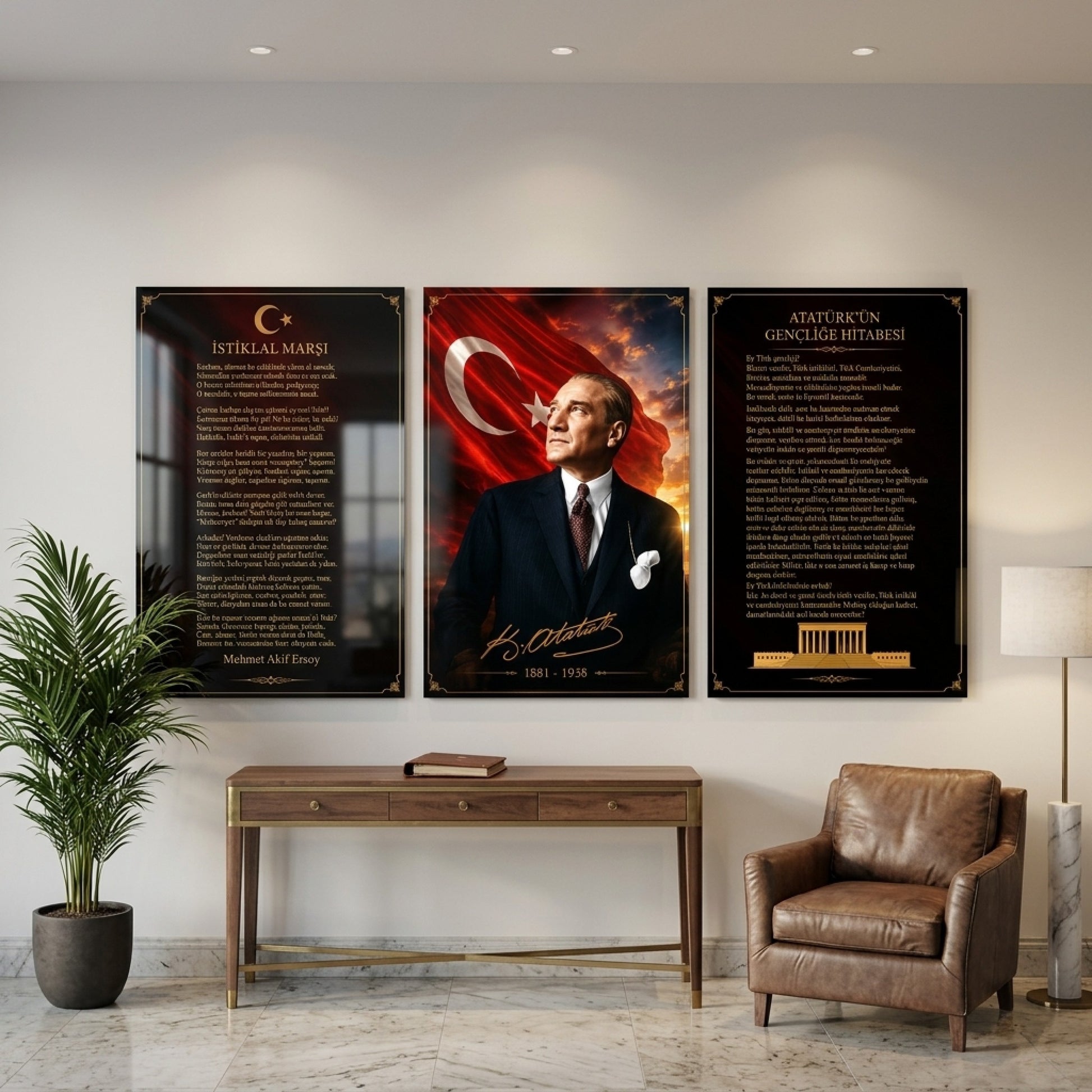 Atatürk İstiklal Marşı Hitabe Seti Dikey 3'lü Set Cam Tablo