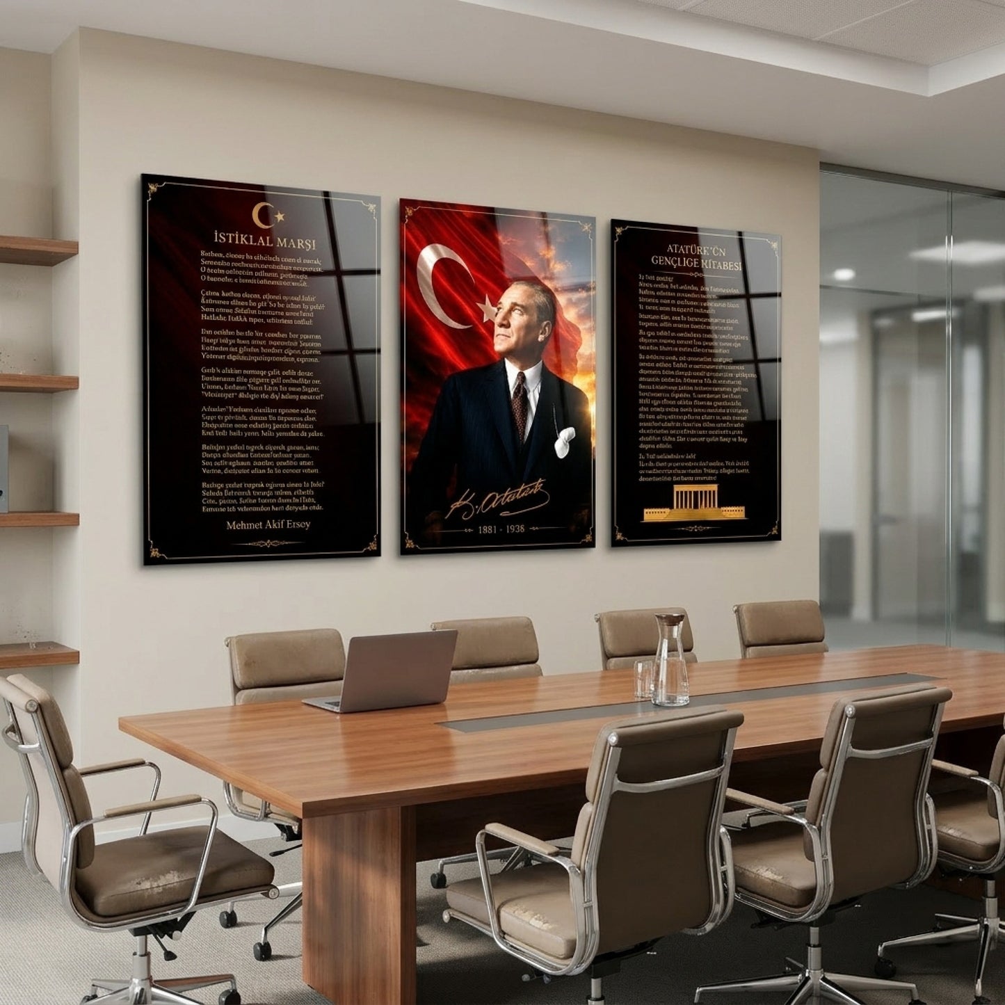 Atatürk İstiklal Marşı Hitabe Seti Dikey 3'lü Set Cam Tablo