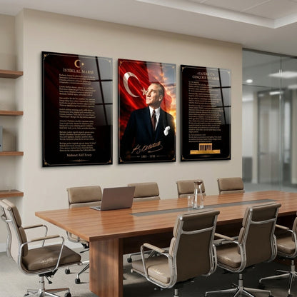 Atatürk İstiklal Marşı Hitabe Seti Dikey 3'lü Set Cam Tablo
