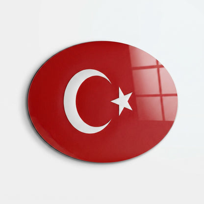 Kırmızı Deri Dokulu Türk Bayrağı Oval Yatay Cam Tablo
