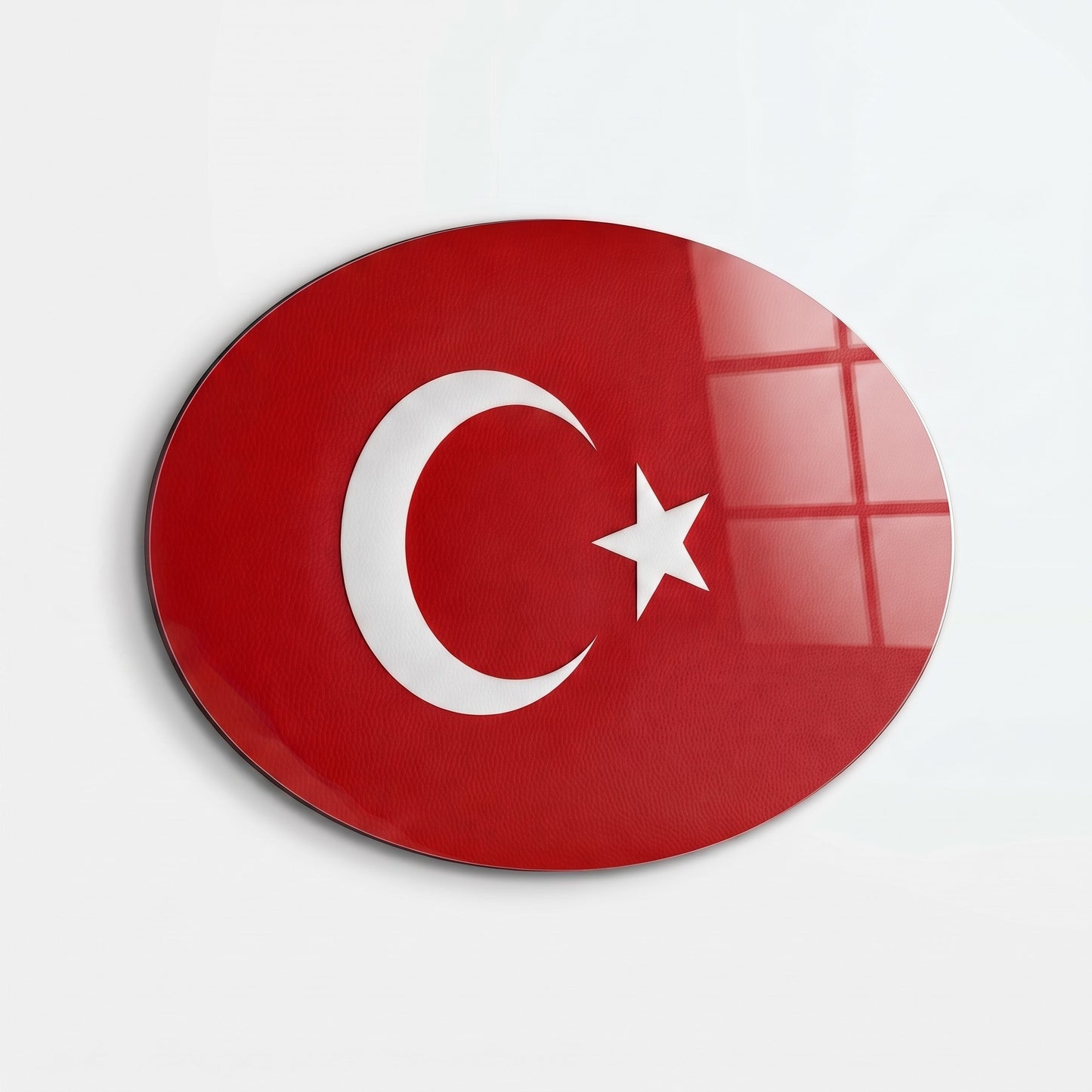 Kırmızı Deri Dokulu Türk Bayrağı Oval Yatay Cam Tablo