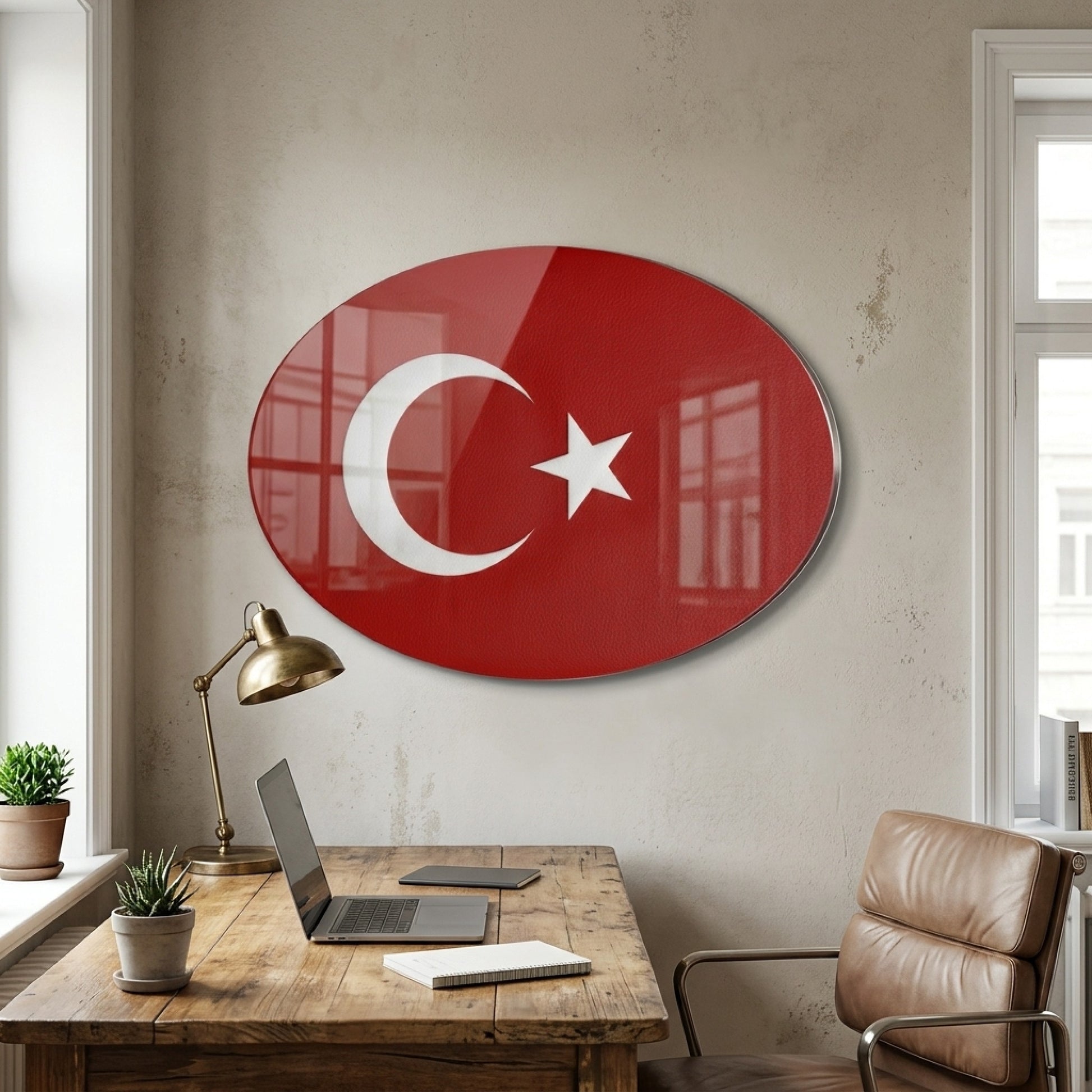 Kırmızı Deri Dokulu Türk Bayrağı Oval Yatay Cam Tablo