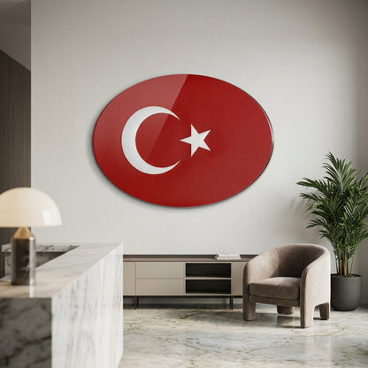 Kırmızı Deri Dokulu Türk Bayrağı Oval Yatay Cam Tablo