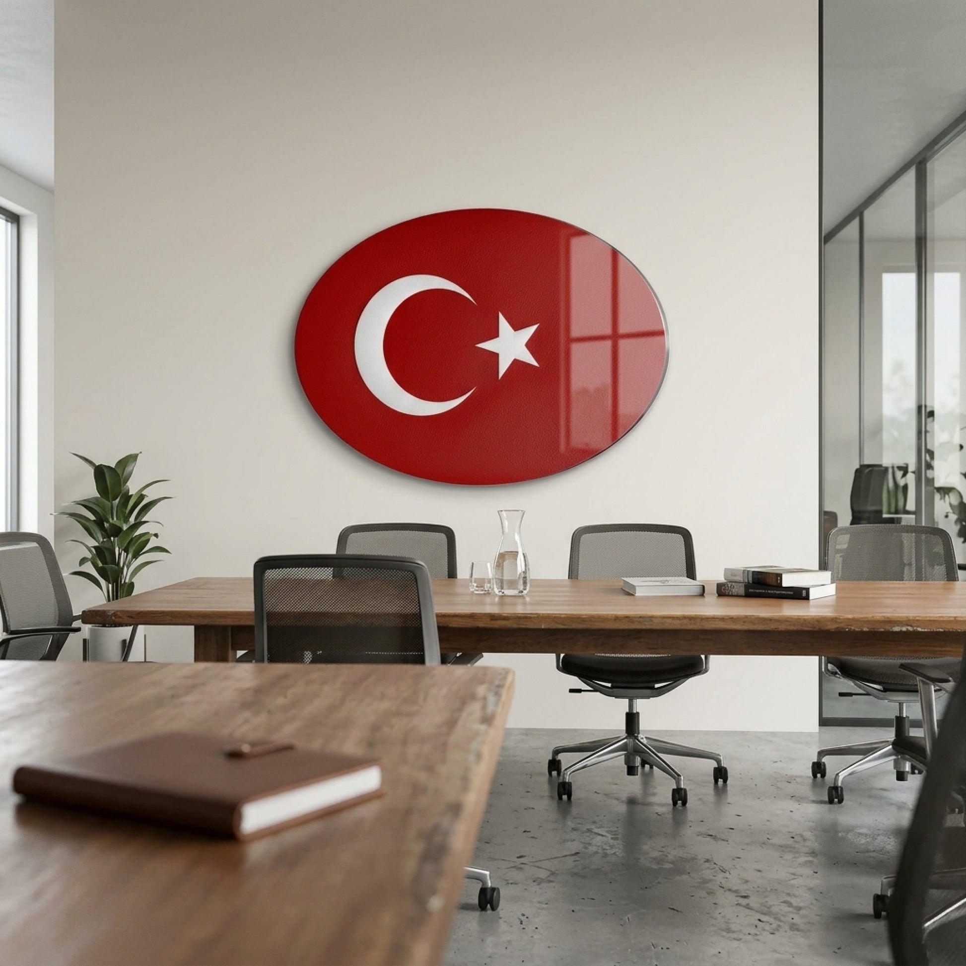 Kırmızı Deri Dokulu Türk Bayrağı Oval Yatay Cam Tablo
