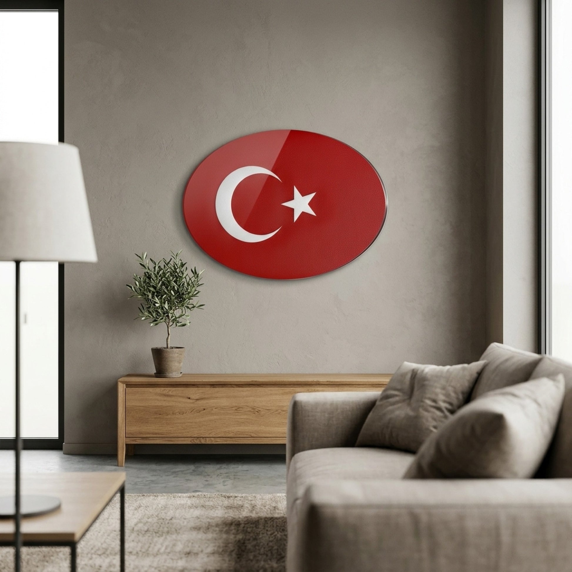 Kırmızı Deri Dokulu Türk Bayrağı Oval Yatay Cam Tablo