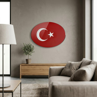 Kırmızı Deri Dokulu Türk Bayrağı Oval Yatay Cam Tablo