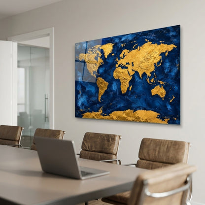 Altın Dünya Haritası Duvar Dekoru Yatay Cam Tablo