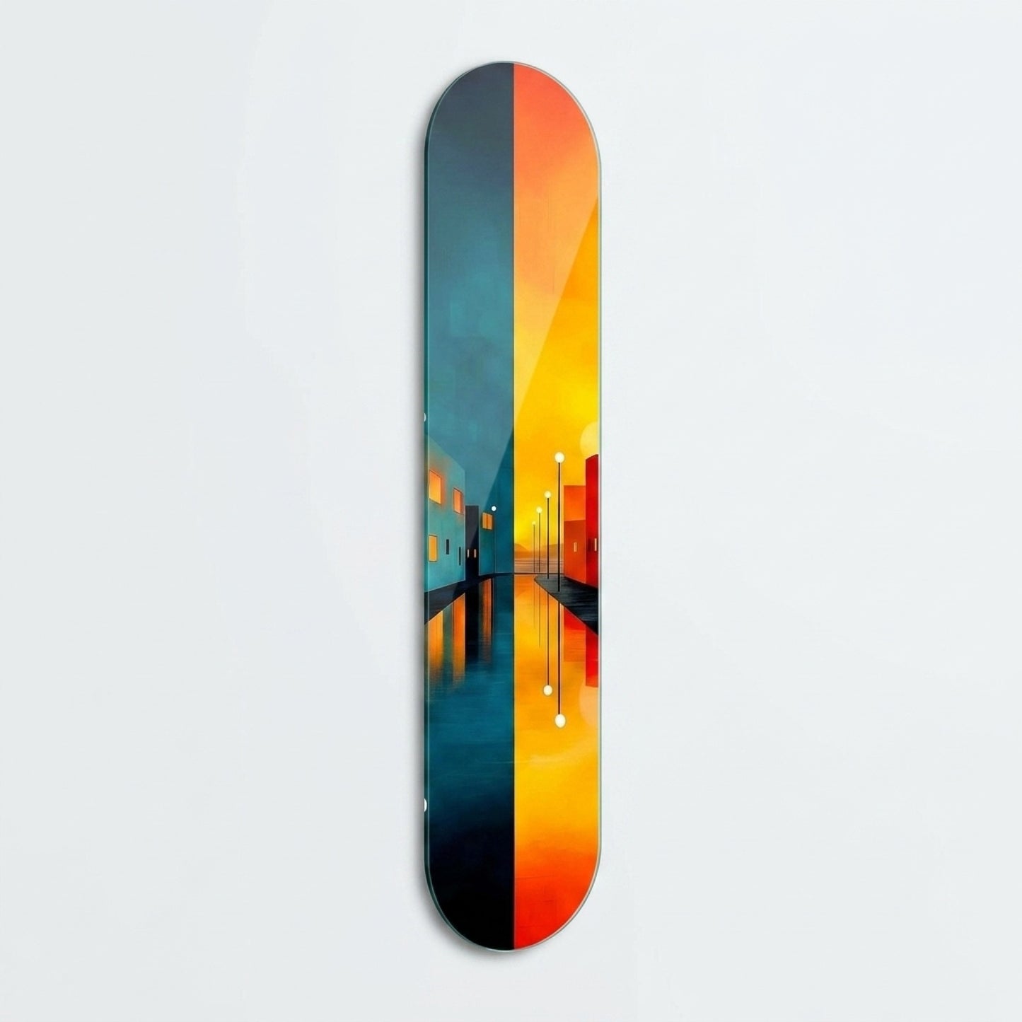 Modern Soyut Şehir Manzarası Gece Gündüz Yansıması Skate Board Cam Tablo