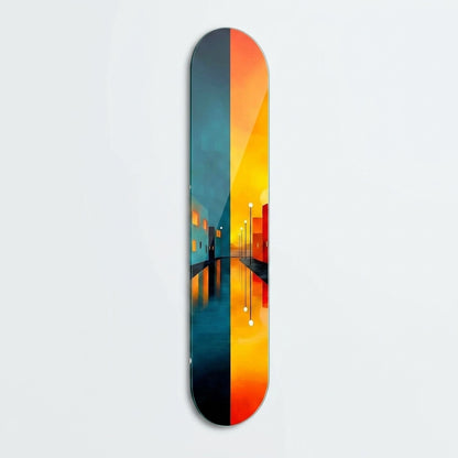 Modern Soyut Şehir Manzarası Gece Gündüz Yansıması Skate Board Cam Tablo