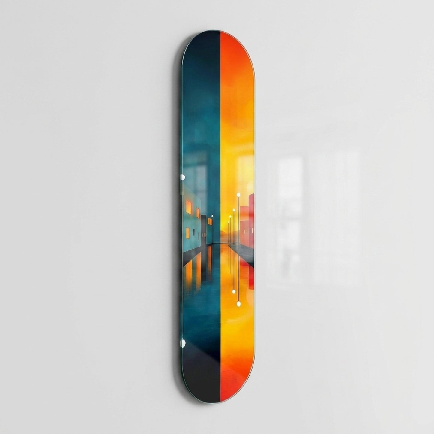 Modern Soyut Şehir Manzarası Gece Gündüz Yansıması Skate Board Cam Tablo