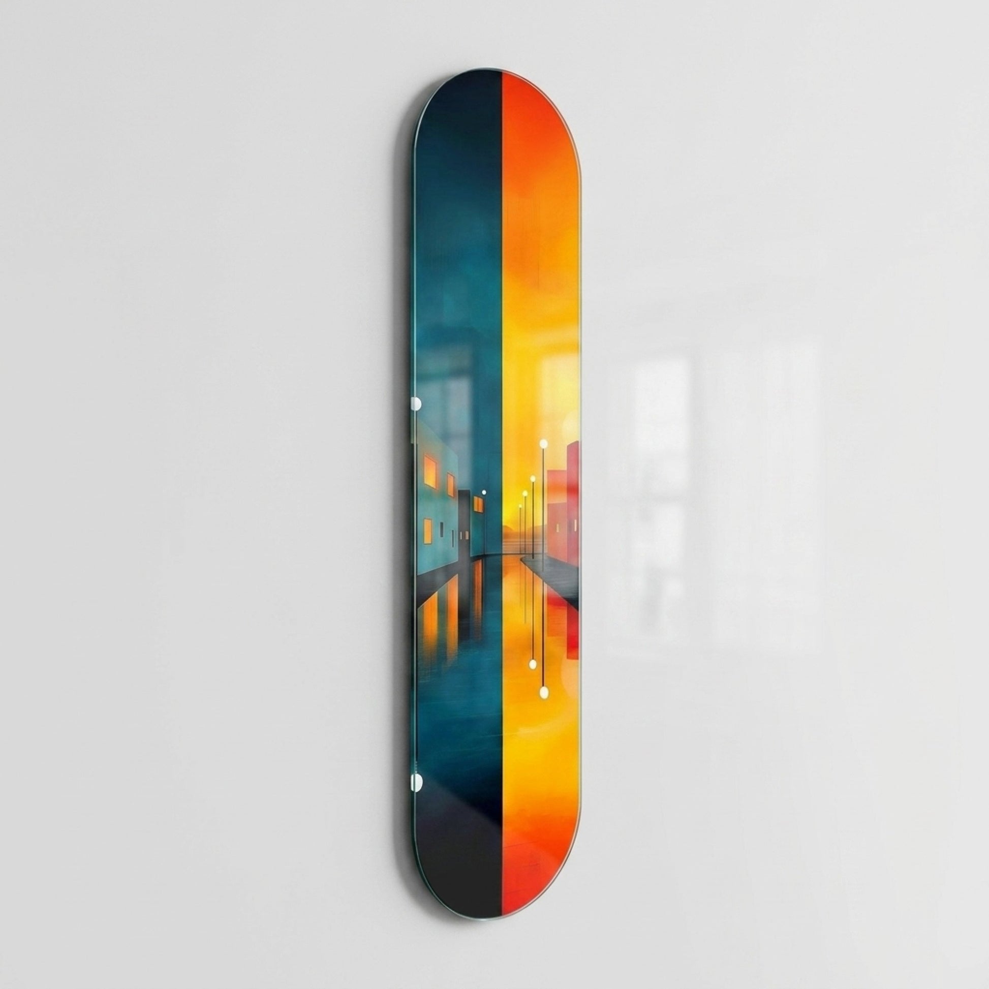 Modern Soyut Şehir Manzarası Gece Gündüz Yansıması Skate Board Cam Tablo