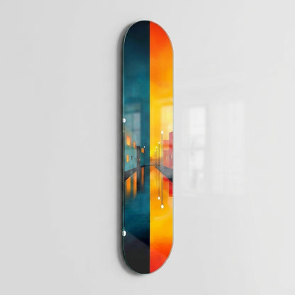 Modern Soyut Şehir Manzarası Gece Gündüz Yansıması Skate Board Cam Tablo