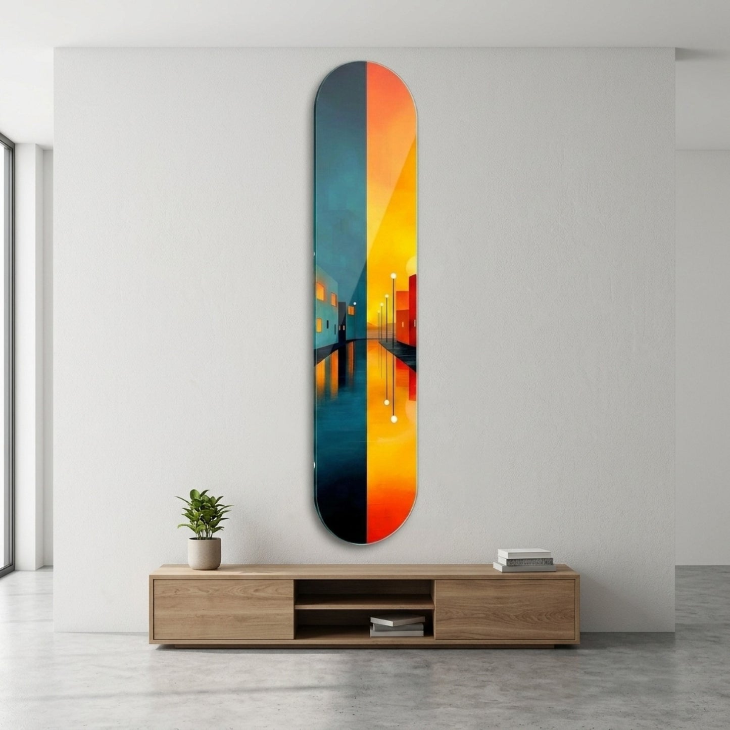 Modern Soyut Şehir Manzarası Gece Gündüz Yansıması Skate Board Cam Tablo