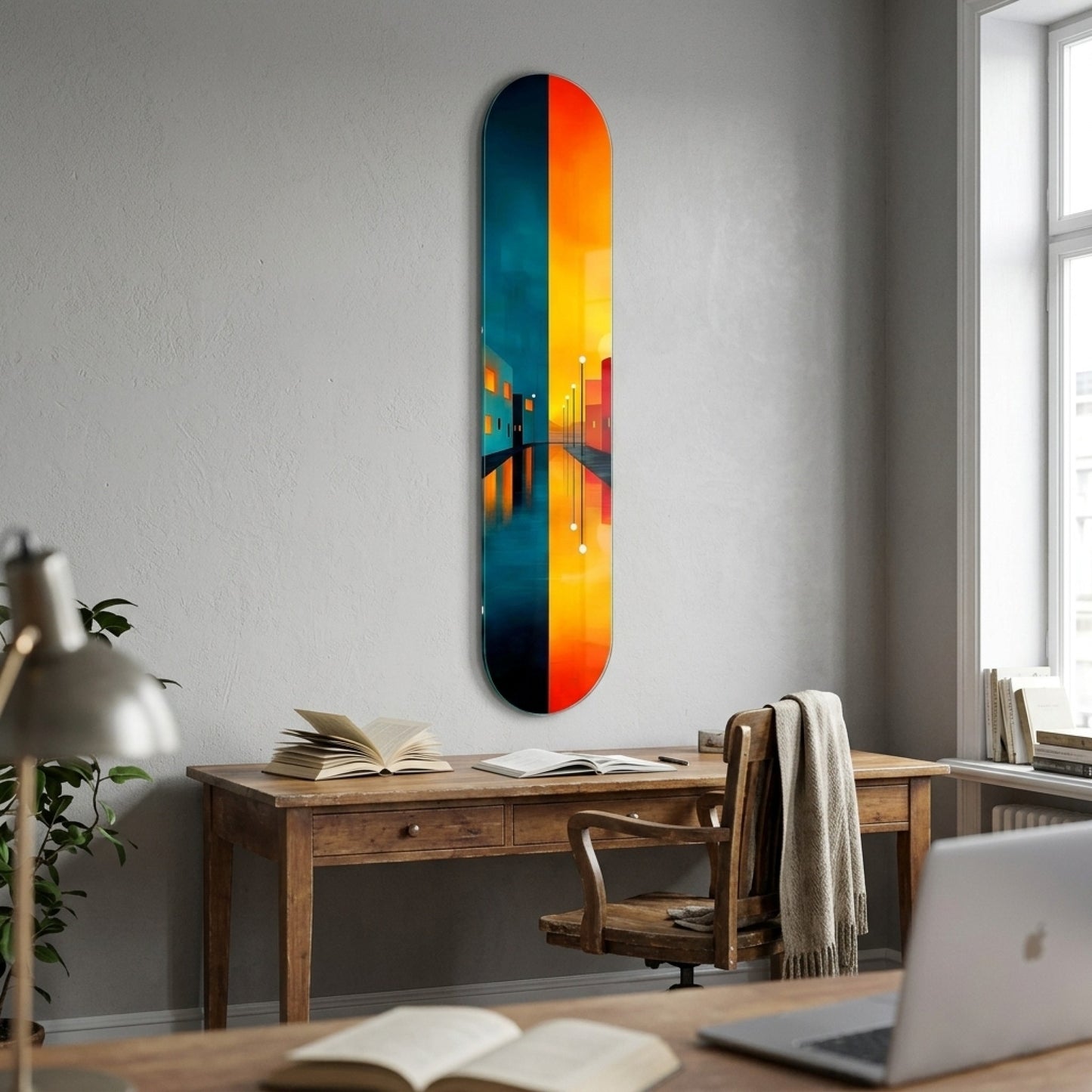 Modern Soyut Şehir Manzarası Gece Gündüz Yansıması Skate Board Cam Tablo