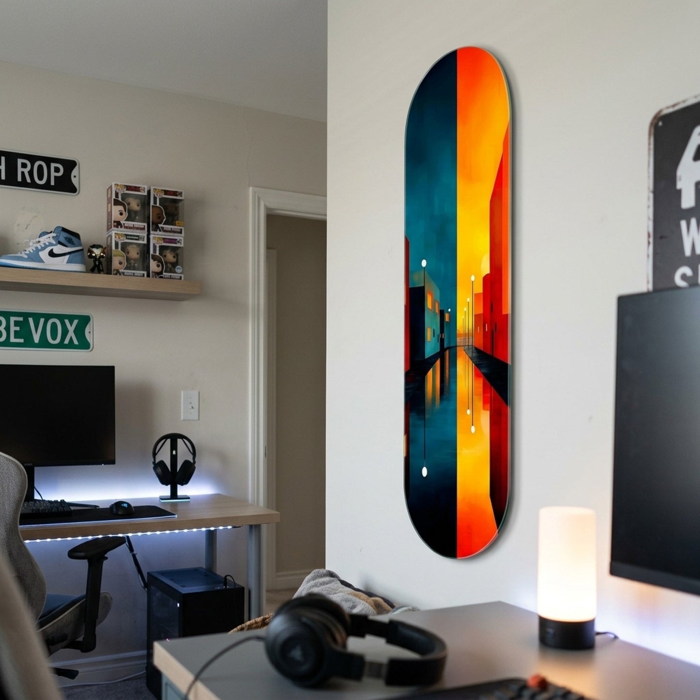 Modern Soyut Şehir Manzarası Gece Gündüz Yansıması Skate Board Cam Tablo