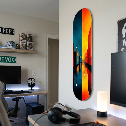 Modern Soyut Şehir Manzarası Gece Gündüz Yansıması Skate Board Cam Tablo