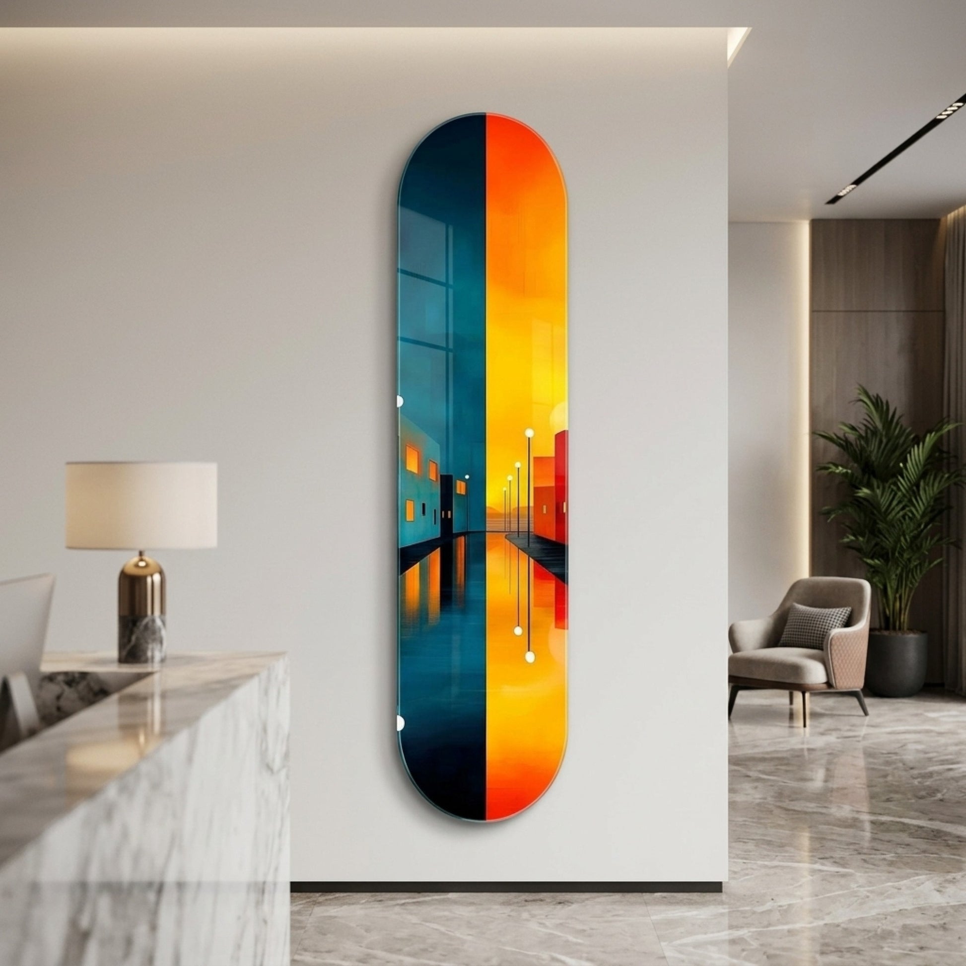 Modern Soyut Şehir Manzarası Gece Gündüz Yansıması Skate Board Cam Tablo