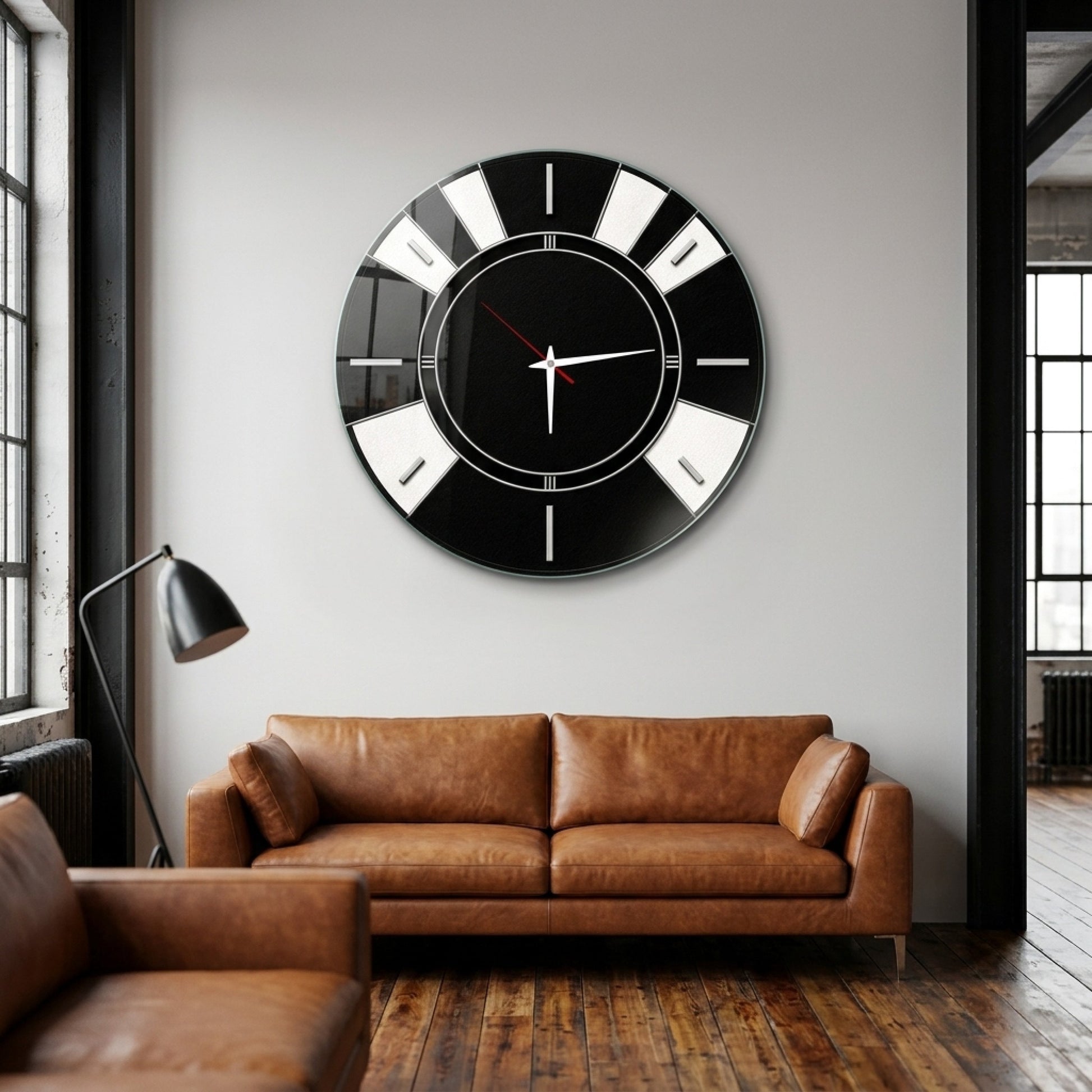 Art Deco Stil Siyah Beyaz Saat Cam Saat