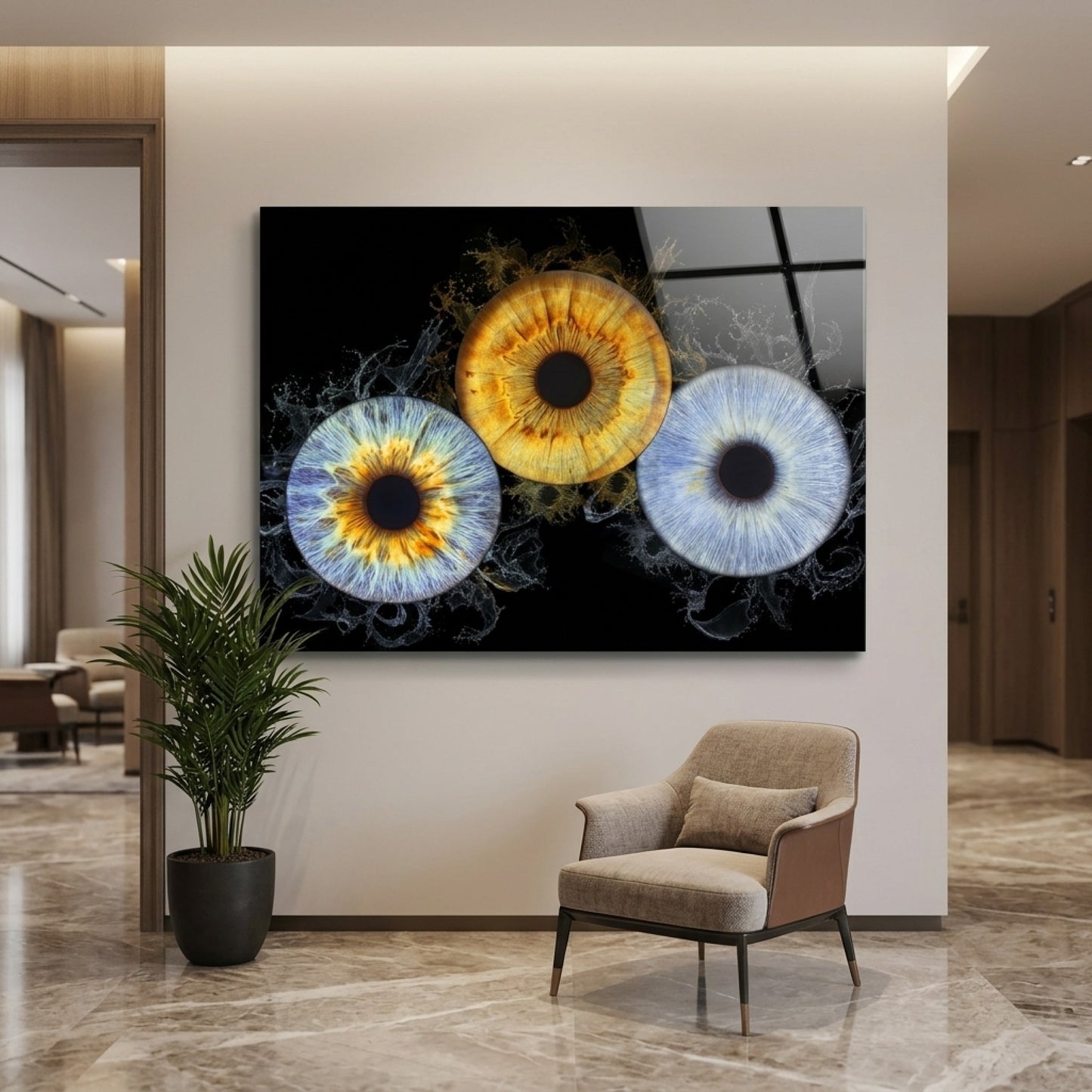 Modern Renkli İris Makro Su Sıçraması Sanatı Yatay Cam Tablo