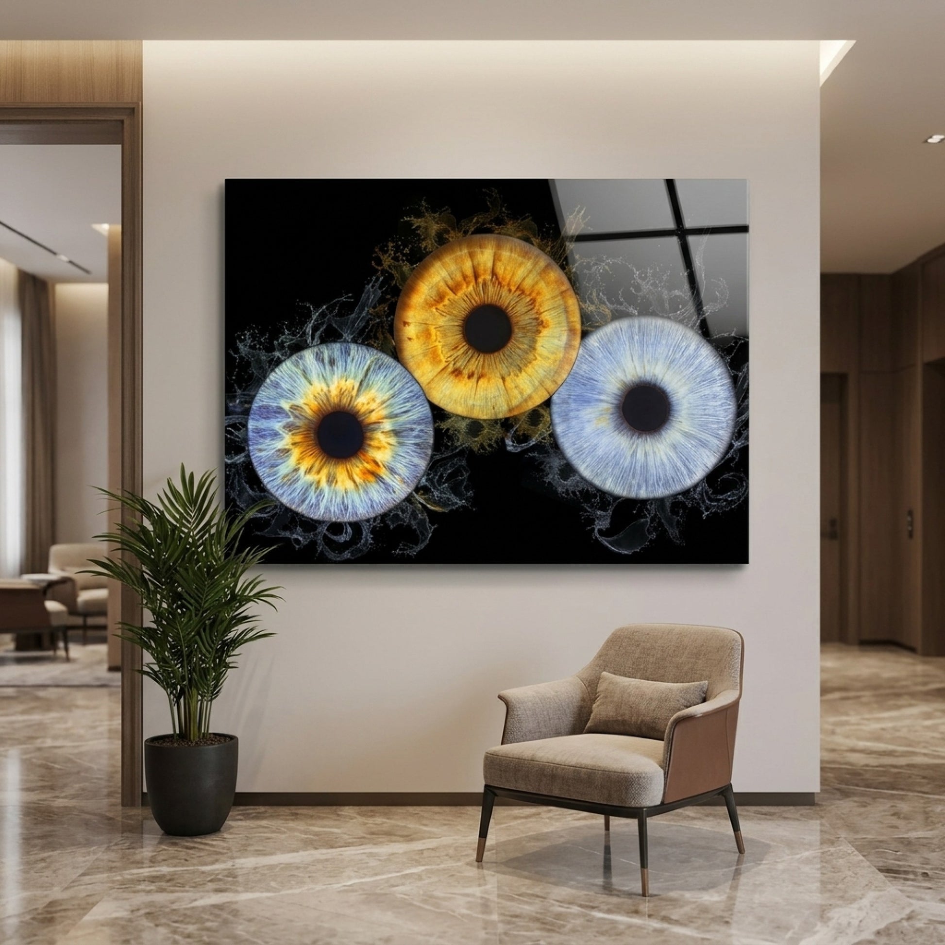Modern Renkli İris Makro Su Sıçraması Sanatı Yatay Cam Tablo