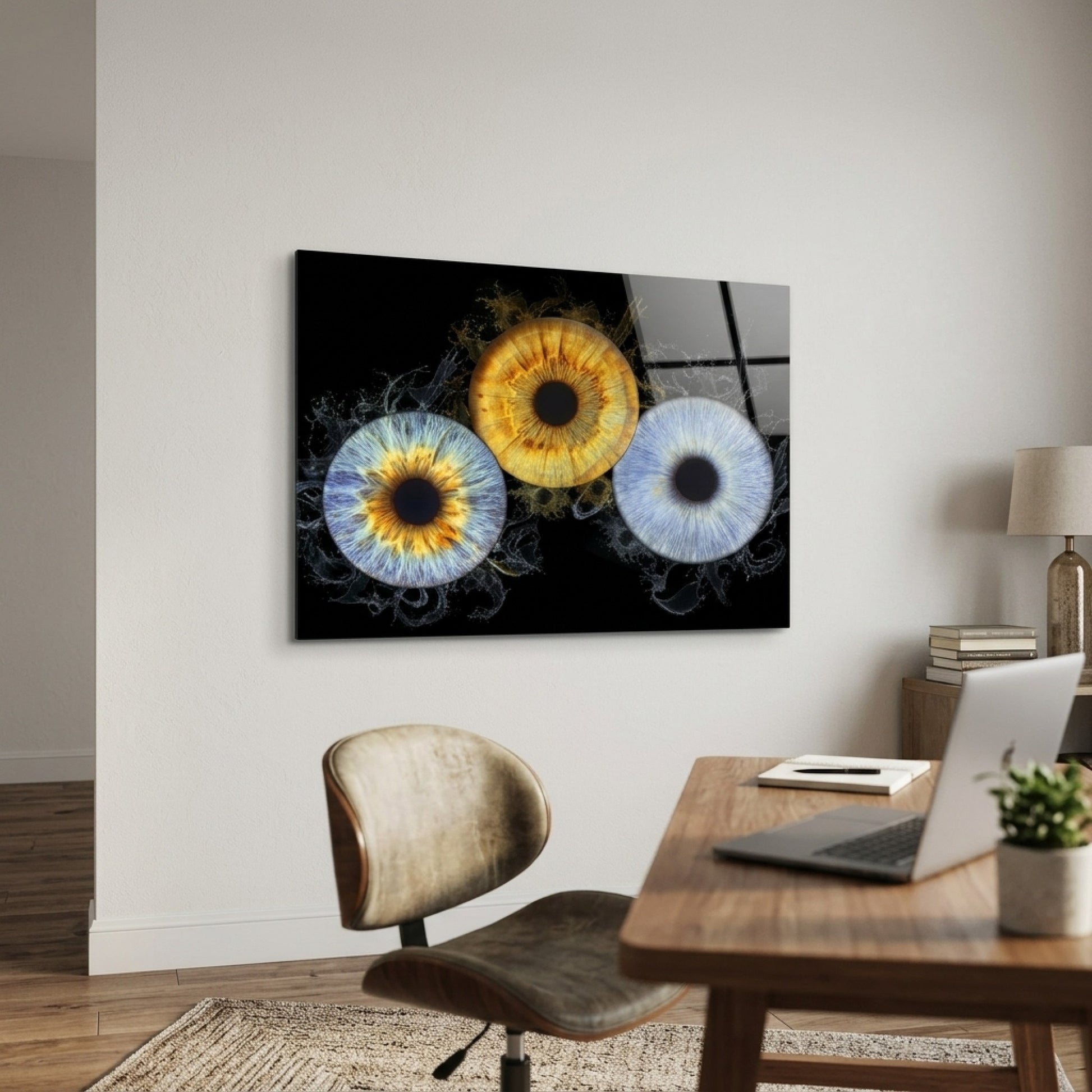 Modern Renkli İris Makro Su Sıçraması Sanatı Yatay Cam Tablo