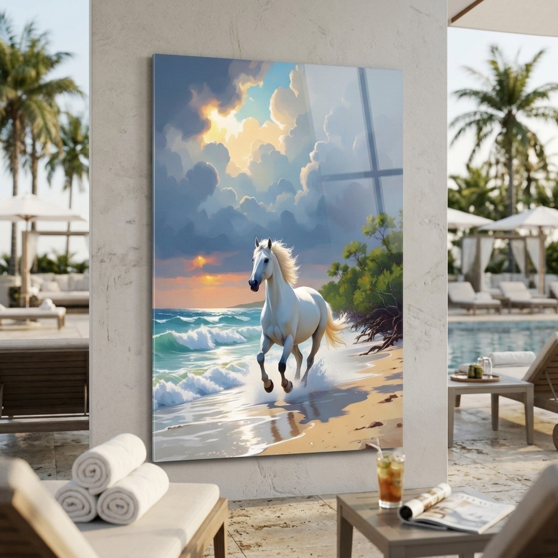 Sahilde Koşan Beyaz At Deniz Manzaralı Dikey Cam Tablo