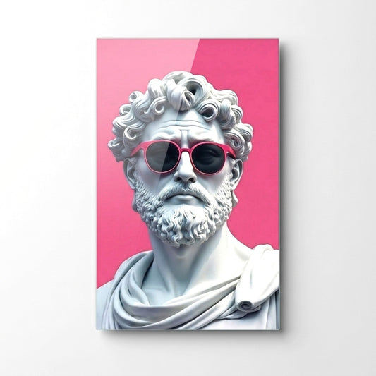 Modern Pembe Gözlüklü Klasik Heykel Dikey Cam Tablo