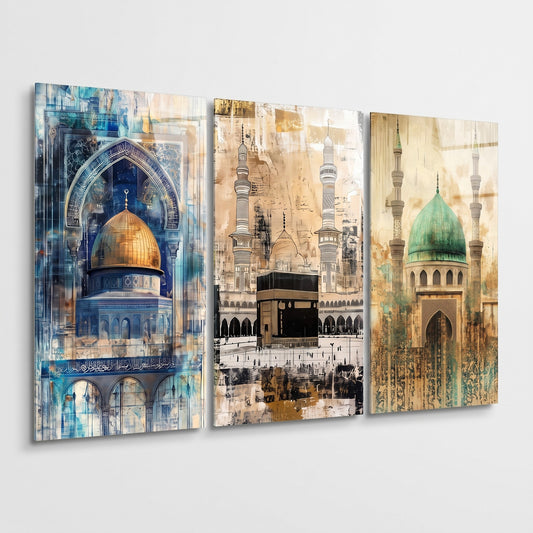 Kutsal Camii Soyut Sanat Seti Dikey 3'lü Set Cam Tablo
