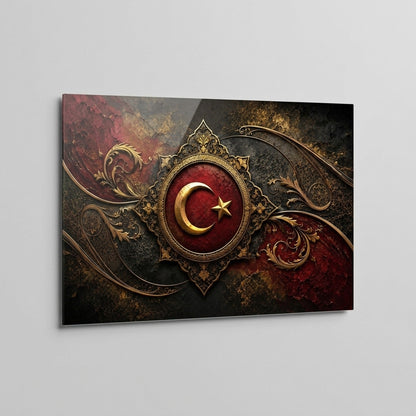 Osmanlı Tarzı Altın Ay Yıldız Yatay Cam Tablo