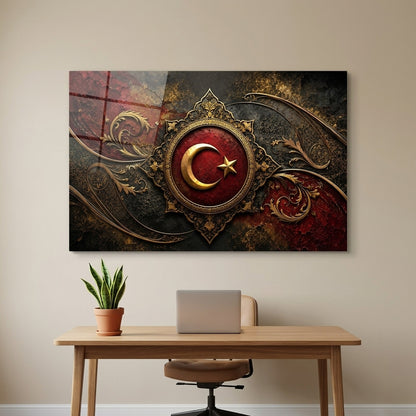 Osmanlı Tarzı Altın Ay Yıldız Yatay Cam Tablo