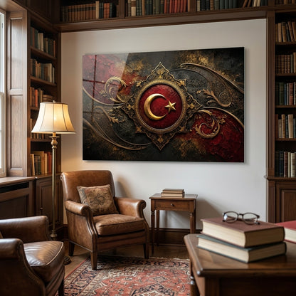 Osmanlı Tarzı Altın Ay Yıldız Yatay Cam Tablo