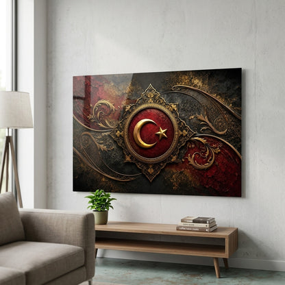 Osmanlı Tarzı Altın Ay Yıldız Yatay Cam Tablo