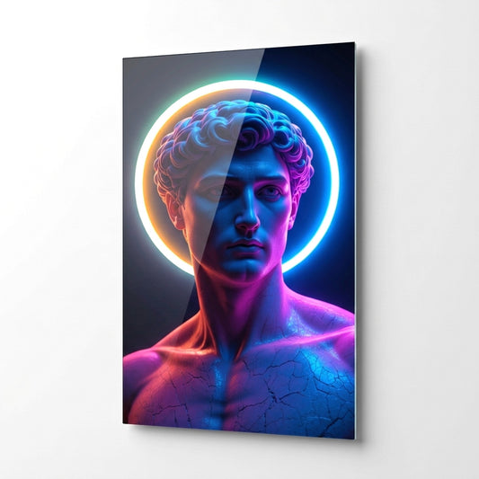 Modern Neon Detaylı David Heykeli Dikey Cam Tablo