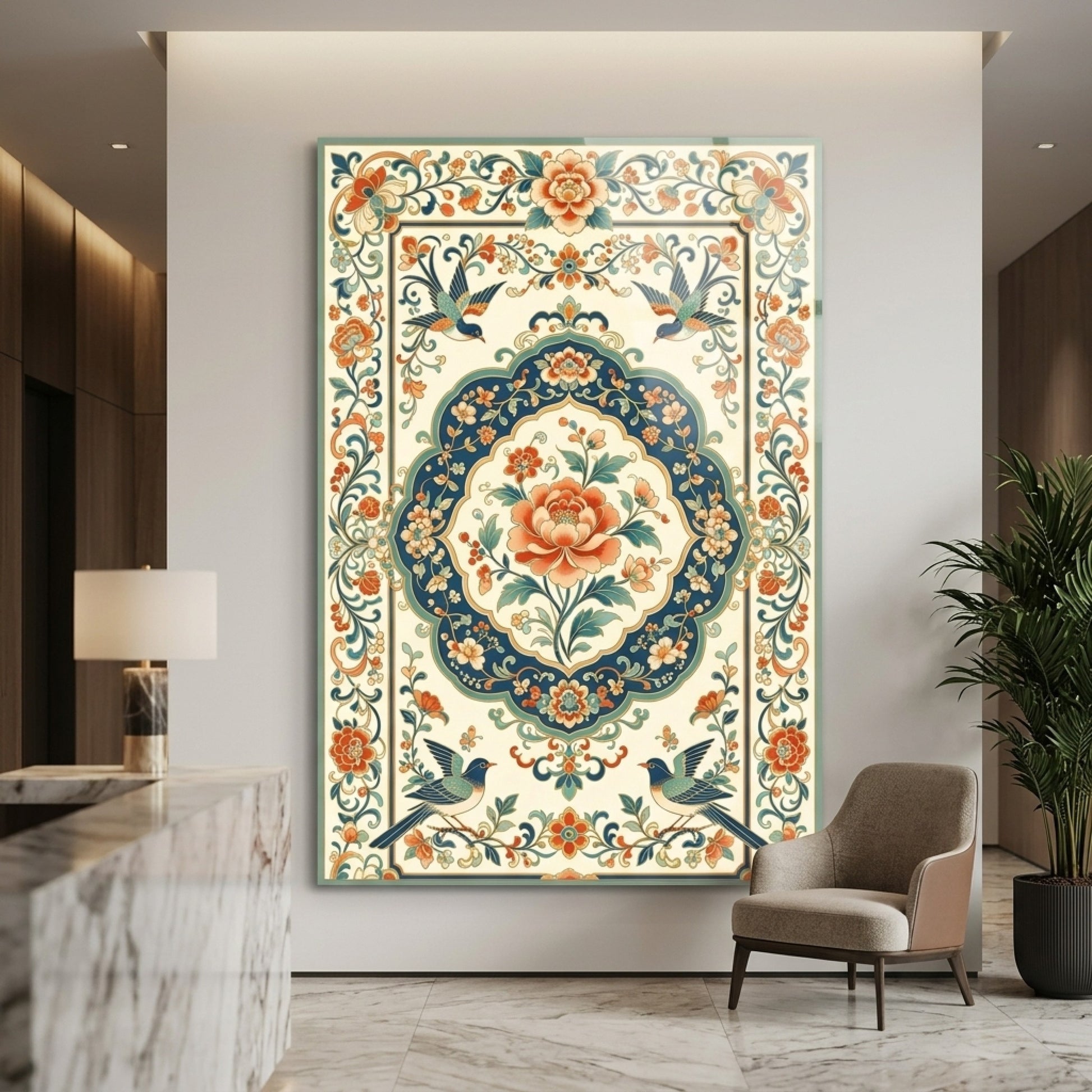 Klasik Osmanlı Tarzı Çiçekli ve Kuşlu Dikey Cam Tablo